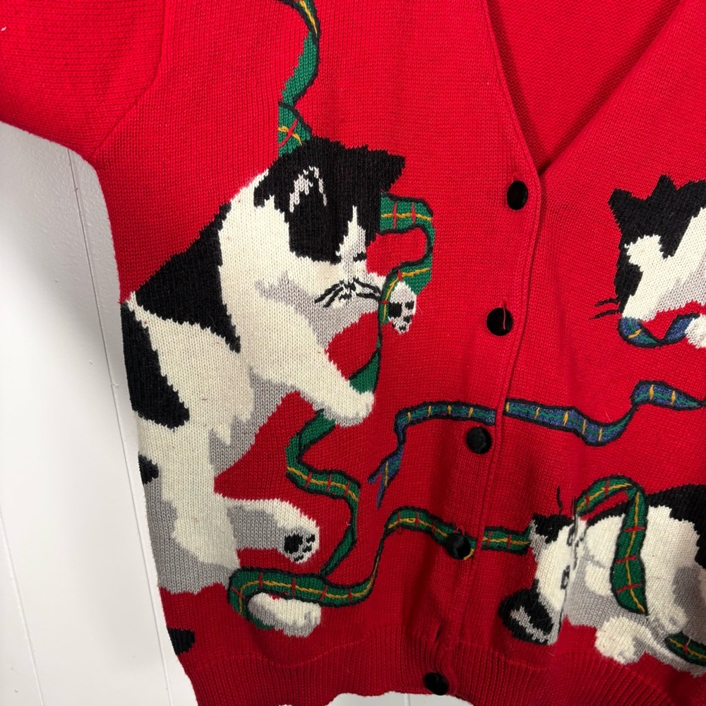 Susan Bristol Cat Kitten Print Hand Knit Vintage 1995 Sweater Wool Cardigan L - Picture 3 of 8
